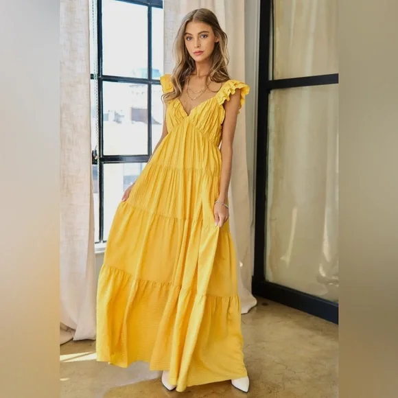 11. Women's Crinkled Fabric Ruffle Sleeve Deep V-Neck Maxi Dress - Picture 2 of 7